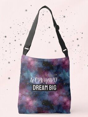 Galaxy Dragonfly Tote Bag Work Hard Dream Big Motivational Shoulder Bag